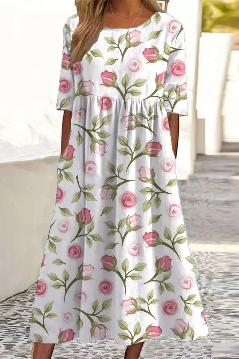 Ashleigh - Elegant Midi Kjole med Blomsterbroderi Hvid