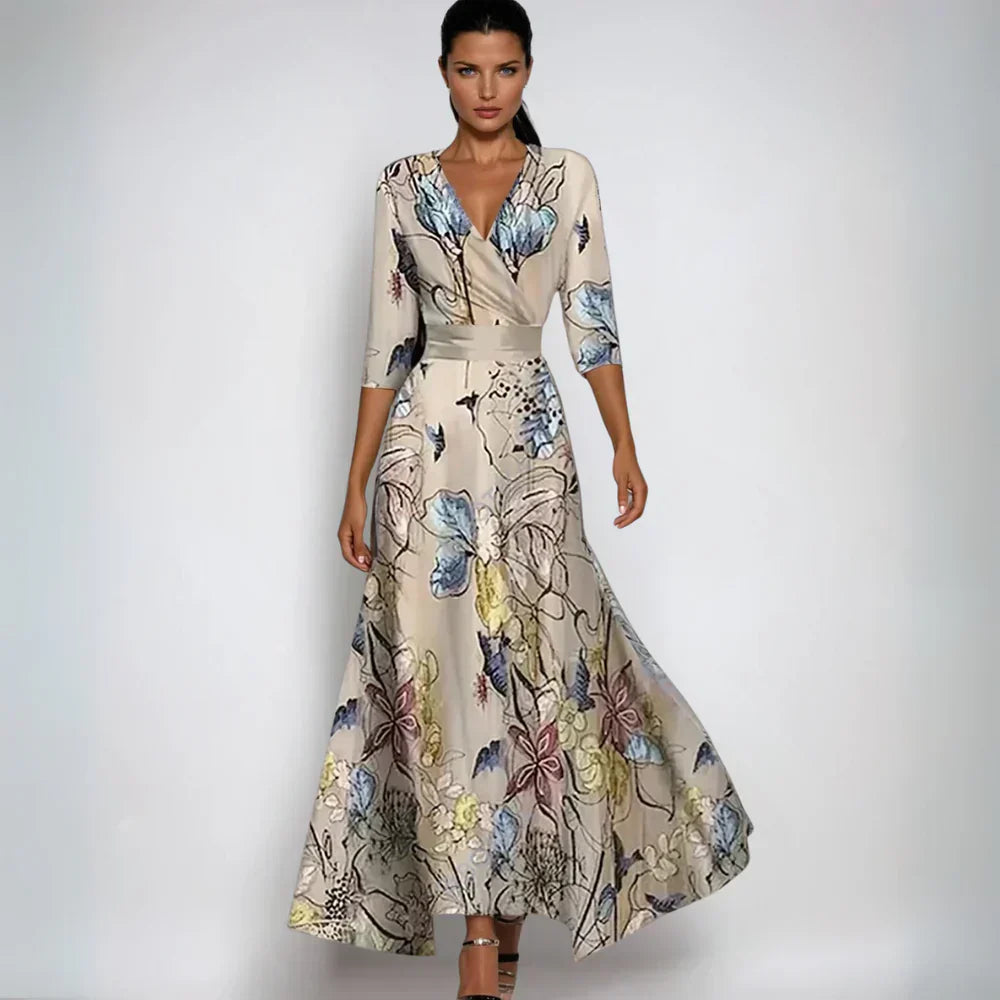 Baharija - Elegant Blomstret Omslagskjole til Sommer Beige