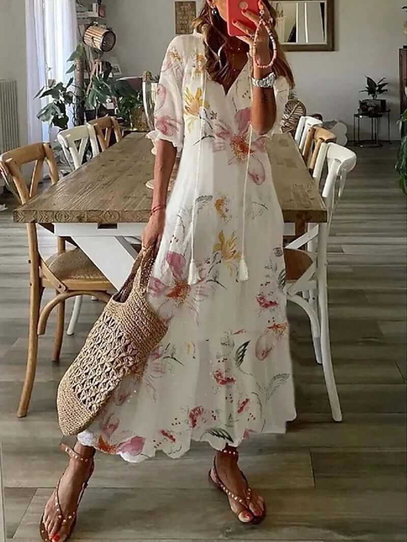 Belinda - Boho Maxi Kjole til Kvinder Beige