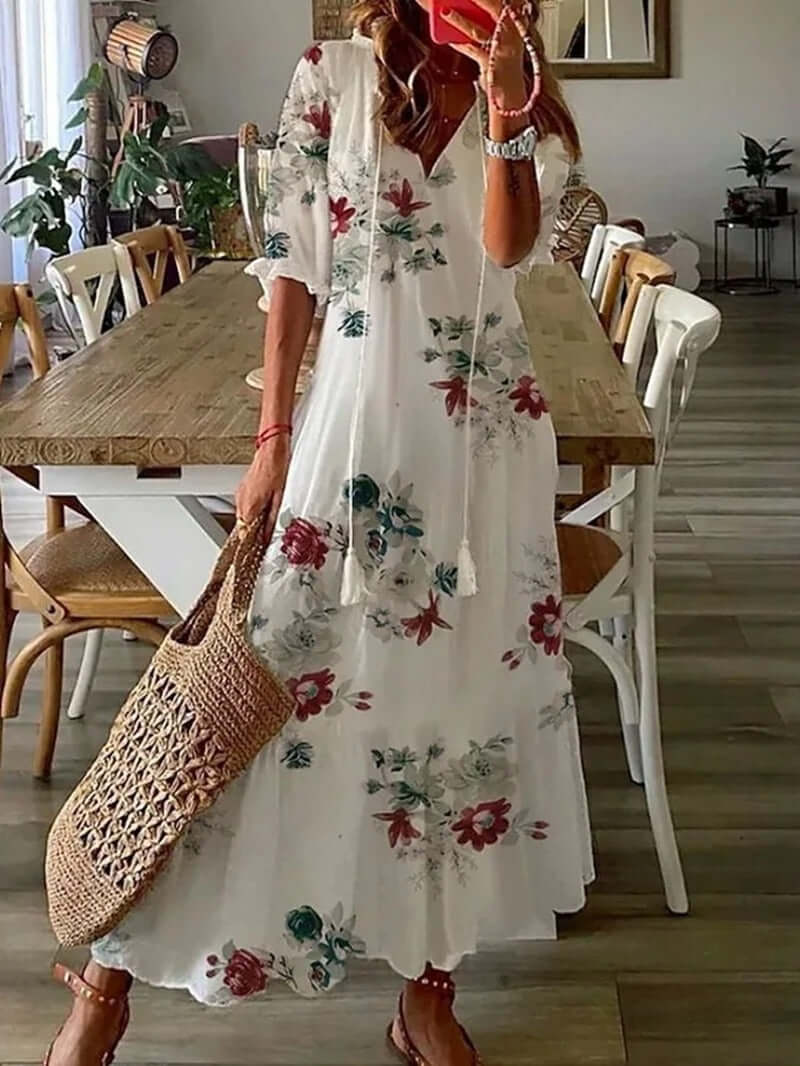 Belinda - Boho Maxi Kjole til Kvinder Hvid