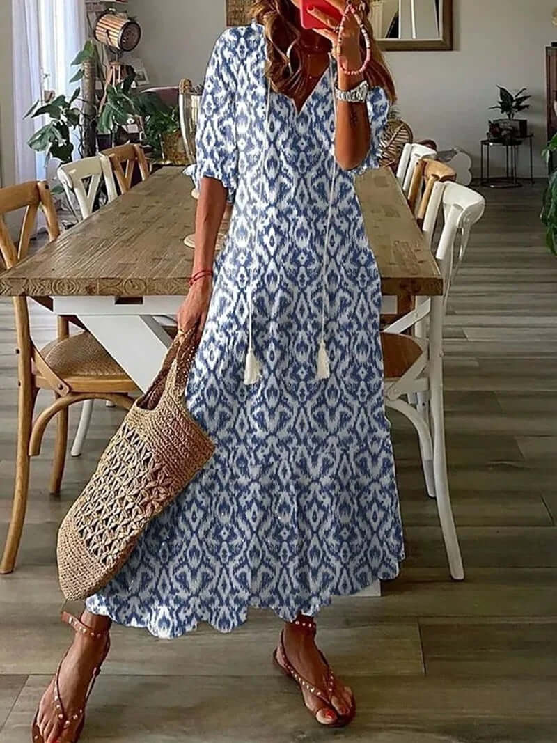 Belinda - Boho Maxi Kjole til Kvinder Lyseblå