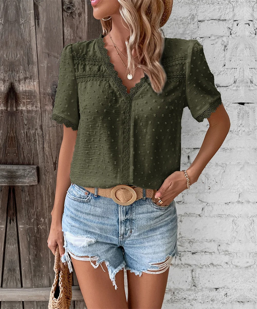Bibiana - Elegant Bluse med Blondekant og Struktur Grøn