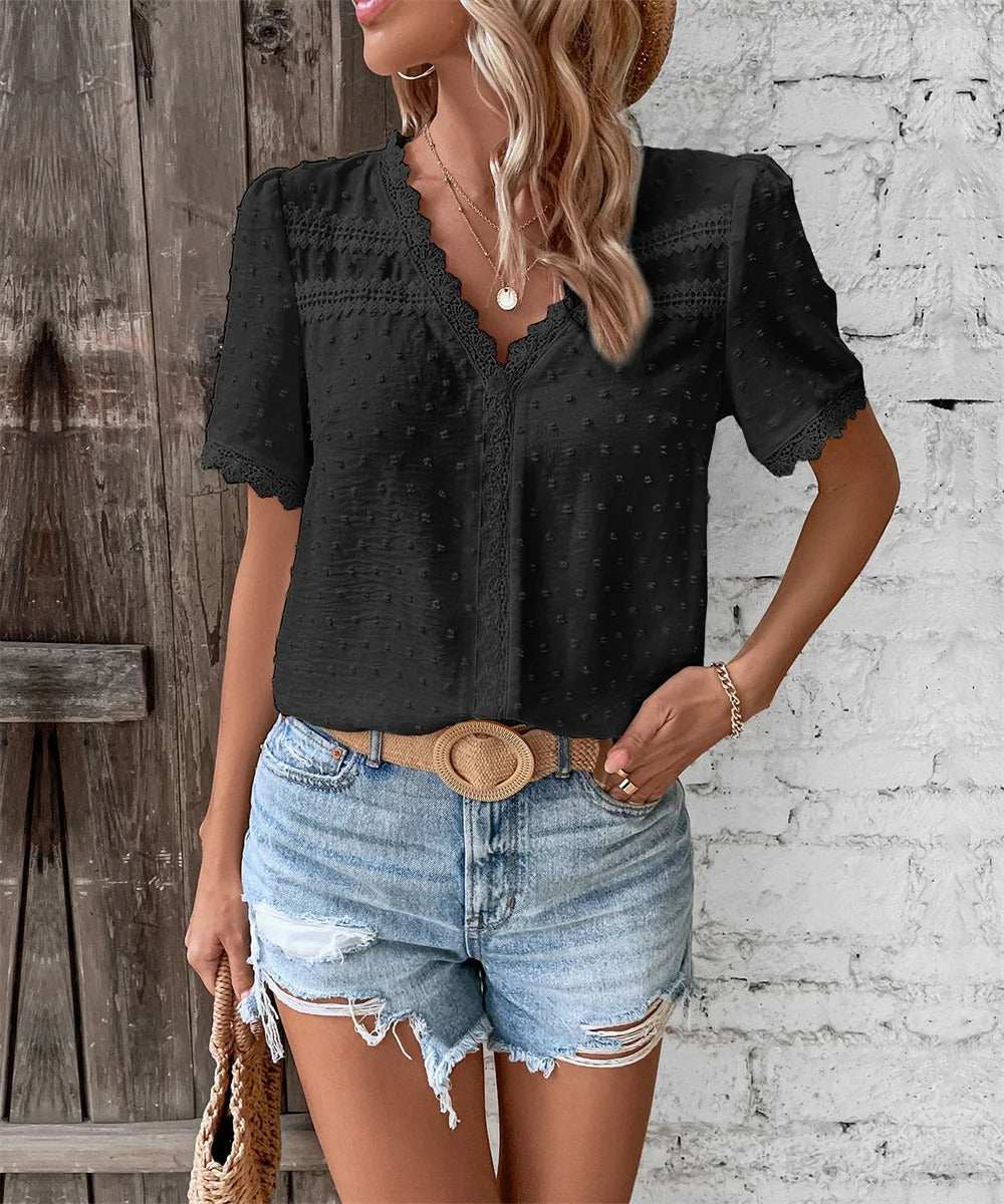 Bibiana - Elegant Bluse med Blondekant og Struktur Sort