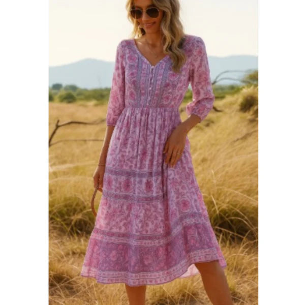 Dina - Damer Elegant Sommer Midi Kjole Rosa