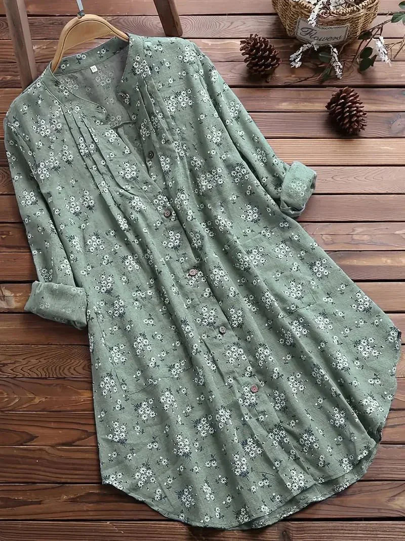 Dinna - Klassisk Sommerbluse Blomsterprint Grøn