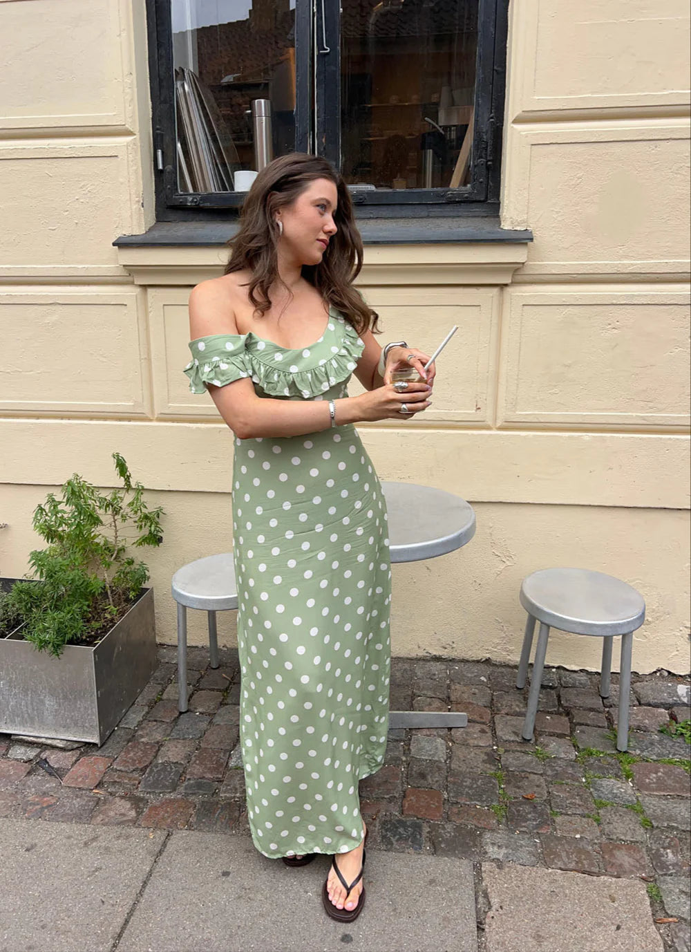 Karen - Luna Kjole med Polkaprikker Elegant Stil Grøn/hvid