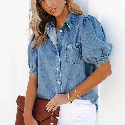Annika - Afslappet Denimskjorte til Hverdag & Stil Blå