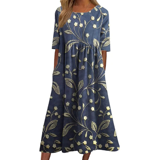 Ashleigh - Elegant Midi Kjole med Blomsterbroderi  Blå