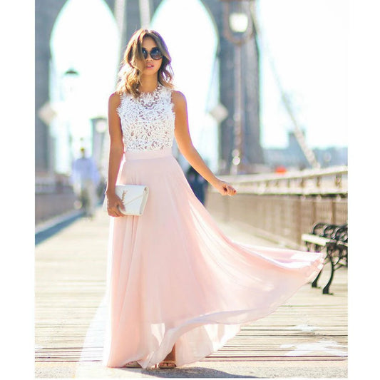 Bahija - Elegant Maxi Kjole med Blondeoverdel Rose