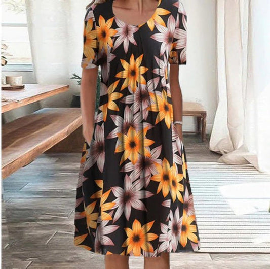 Camilla - Blomstret Kjole med Lommer i Casual Stil Orange