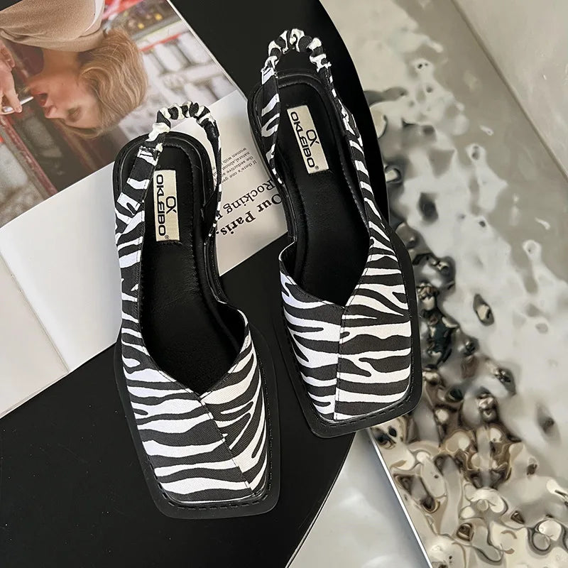 Cecilie - Slingback Sandaler med Firkantet Tå Zebra