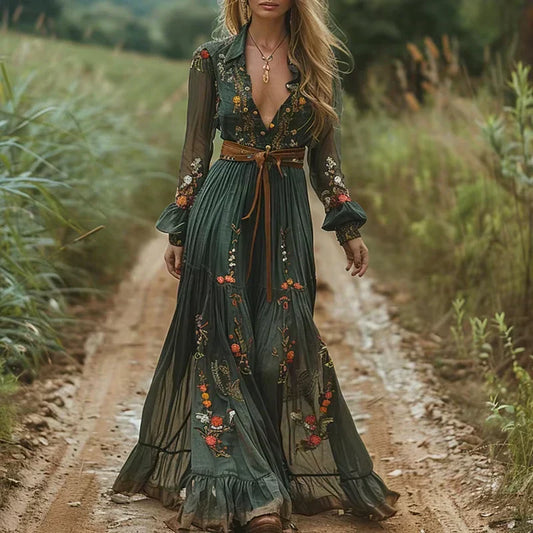 Coralie - Boho Maxi Kjole med Flæsekant til Kvinder Grøn