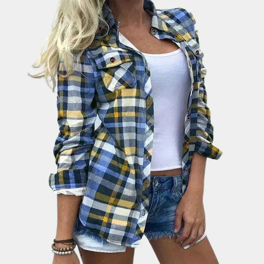 Cyrilla - Damebluse med Ternet Design og Feminint Præg Blå