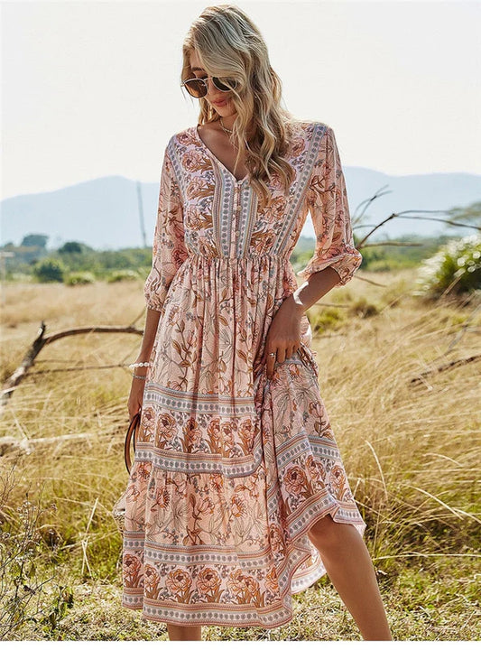 Dina - Damer Elegant Sommer Midi Kjole  Fersken