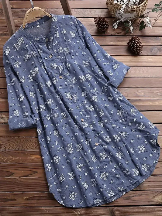 Dinna - Klassisk Sommerbluse Blomsterprint Blå