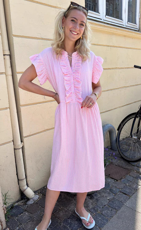 Frederikke - INA Copenhagen Kjole Amelia Hvid Brun Pink stribet
